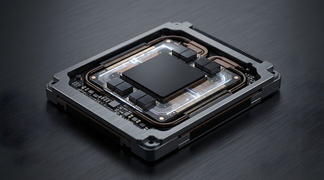 3D render close-up of a processor chip mounted on a circuit board with surrounding components and metallic traces. Concept for semiconductors, electronics engineering, and computing hardware.