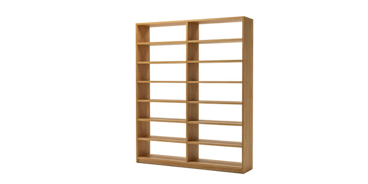 Tall wooden bookcase with two vertical sections and multiple horizontal shelves for storage isolated on a transparent background