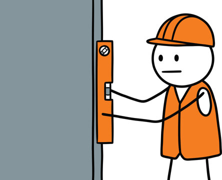 A cartoon stick figure construction worker using a spirit level to check the vertical alignment of a wall