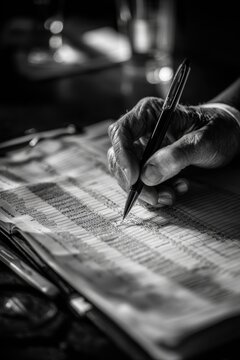 Handwriting on document captures attention. Black and white tones create timeless feel. Light highlights textures in paper and pen, emphasizing writing details