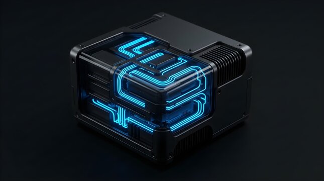 3D render of a futuristic secure server cube with transparent casing and glowing blue circuit lines. Concept for edge computing, encrypted storage, AI infrastructure, and data center hardware.