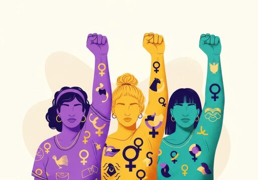 Illustration of three diverse women with raised fists and feminist symbols