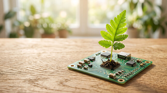 Green plant growing from circuit board on wooden table in bright room