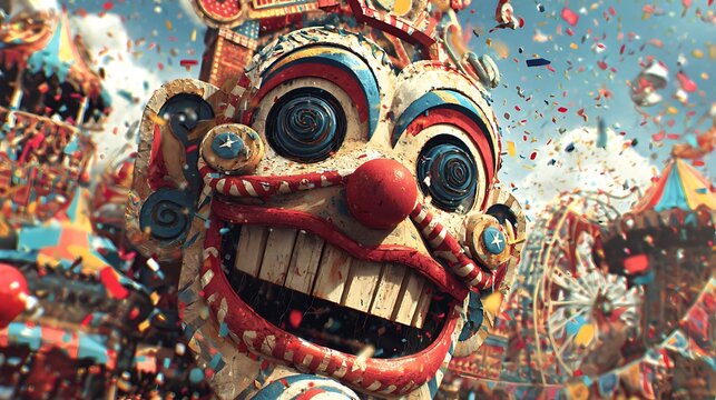 Large colorful clown mask with exaggerated and multicolored confetti background face