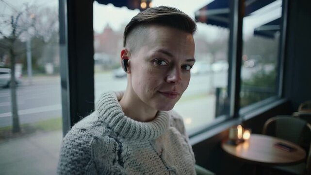 Noticing camera, woman in chunky turtleneck and earbuds turning to camera at cafe table, candle lit