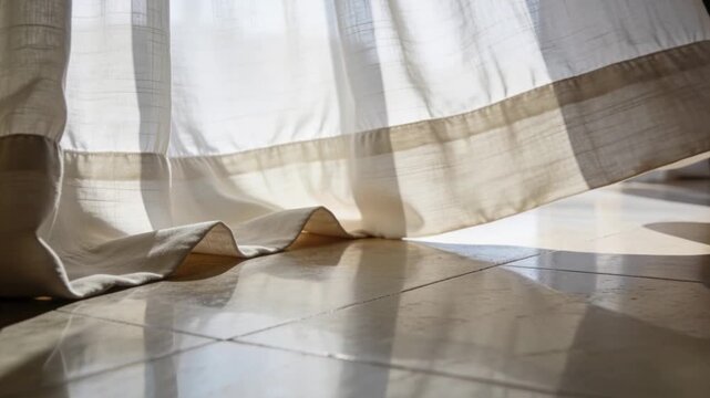 Billowing from breeze near glass door, sheer curtain hem rising and shifting on sunlit tiled floor