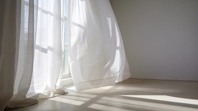 Billowing sheer white curtain panels lifting inward in sunlit room, driven by multipane window gust