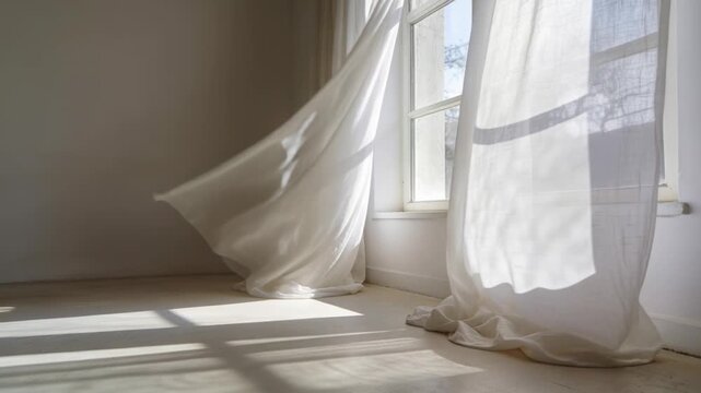 Billowing left sheer white curtain responding to gust at window corner, shifting sunlit patches