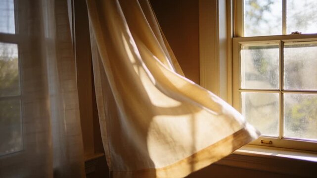 Swaying sheer curtain with darker hem moving in breeze at home window, casting frame shadows