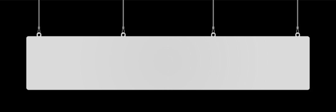 Extra wide blank horizontal dangler mockup with 3 stings hanging from ceiling. Realistic empty mock up of signboard or ad banner in supermarket. Sale announcement. Vector illustration