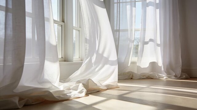 Billowing sheer white curtains swaying from draft at left sash, sunlight shifting across floor