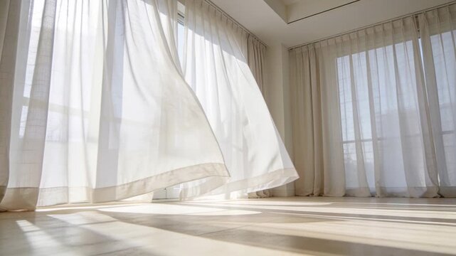 Billowing sheer white curtain sweeping inward from left, breeze entering and casting floor shadows