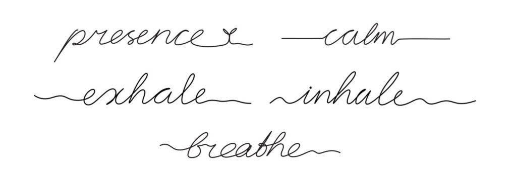Modern minimalist single line text element set featuring presence, calm, exhale, inhale and breathe. Vector continuous outline typography bundle with editable stroke for yoga or meditation brand