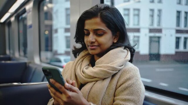 Reading woman tapping and scrolling smartphone on tram during rainy city commute, scarf visible