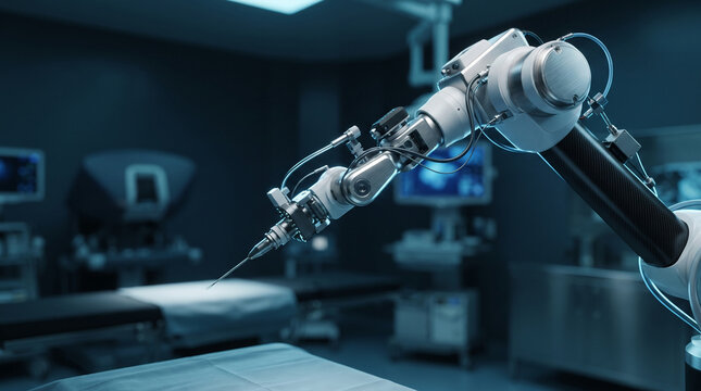 Surgical robot arm in modern operating room with medical equipment