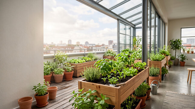 Urban balcony garden with raised beds and potted plants overlooking city
