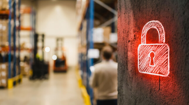 Glowing red padlock icon on a dark warehouse wall