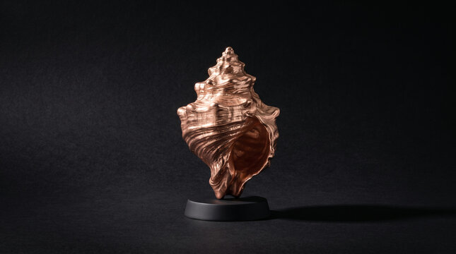 Metallic seashell sculpture on minimalist black stand against dark background