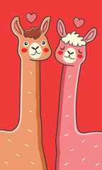 Naklejka premium Cute llama couple in love cartoon for wall art poster