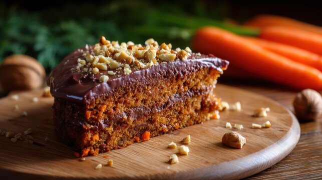 Chocolate carrot cake slice on wooden board showcases rich layers topped with nuts. Fresh carrots and greenery provide vibrant, natural background with warm light