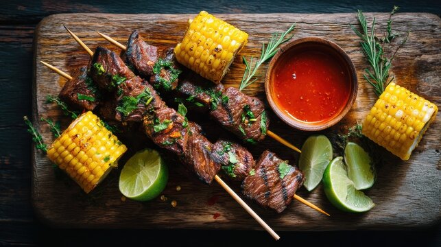 Grilled meat skewers with corn and lime create delicious dish. Dark wooden board highlights vibrant colors of food. Fresh herbs add touch of elegance