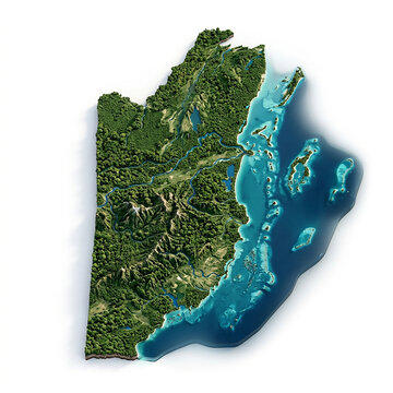 Satellite view of the country of belize showing lush green rainforest terrain and turquoise caribbean sea waters