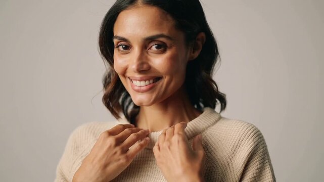 Smiling model holding knit collar shifting to broad grin while camera starting in studio, inviting