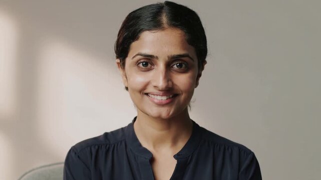 Camera starting, seated woman turning to camera at beige wall, smiling for portrait in navy blouse
