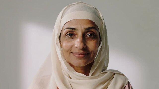 Responding to soft light, woman wearing beige hijab opening eyes, forming gentle smile in studio