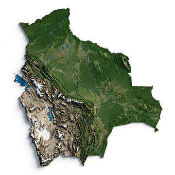 Satellite view of the country of bolivia showing its diverse landscape and geography on a white background