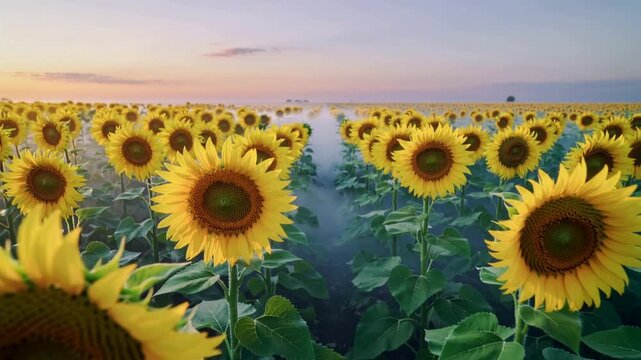 Gliding camera down furrow through sunflower rows at dawn revealing misty seed head distant shape