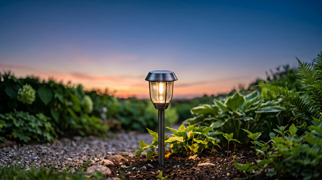 Solar garden light illuminates pathway at dusk with lush plants surrounding