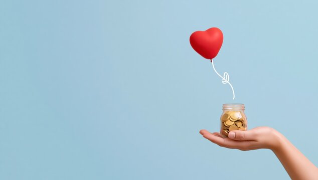 Love and charity concept with a heart balloon and glass jar full of money coins