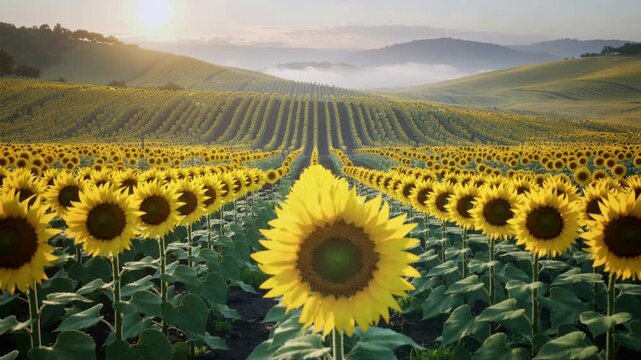Moving camera approaching central sunflower on farmland at sunrise, revealing seed head, rows, mist