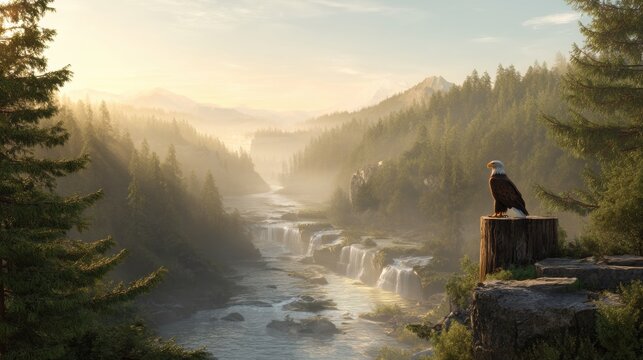 Eagle perched on log overlooks misty mountain landscape with flowing river and waterfalls. Lush green trees surround serene scene, capturing tranquil morning light and natures beauty