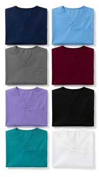 Set of colorful folded medical scrubs uniform shirts for healthcare professionals