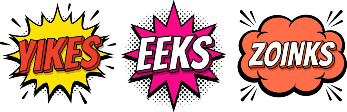 Set of three comic book style speech bubbles with dynamic action words like yikes eeks and zoinks for vibrant graphic design and pop art projects and creative storytelling and marketing assets