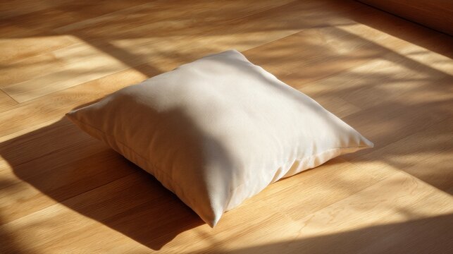 Pillow resting on wooden floor with soft light and shadows creating inviting atmosphere. Warm tones and relaxed setting suggest comfort and serenity