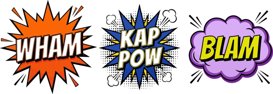 Set of three comic book style speech bubbles with dynamic action words like wham kap pow and blam for vibrant graphic design and pop art projects and creative storytelling and marketing assets