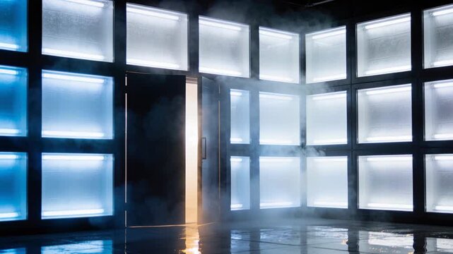Walking male in jacket entering warm door spilling fog into lit panels, moving deeper, copy space