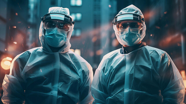 Two healthcare workers in protective suits during International Medical Day  