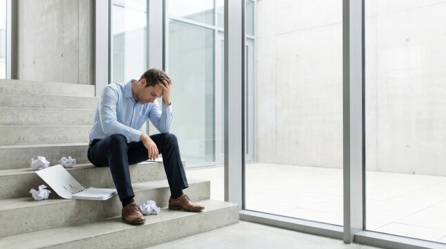Stressed businessman sitting on office stairs with paperwork and feeling professional burnout.