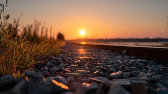Sunset over railway tracks creates beautiful scene. Warm colors illuminate stones and grass along track. Nature and transportation blend harmoniously