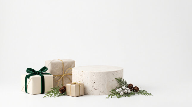 Minimalist stone cylinder podium product display with wrapped gift boxes and festive pine sprigs mockup stock photo&mdash;featuring a round textured beige travertine concrete stage accompanied by elegant ho