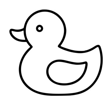 Minimalist rubber duck vector icon featuring a clean black outline of a classic bath toy. This simple illustration of a floating duckling is perfect for nursery designs or bathroom signage graphics.