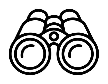 Sleek black and white vector icon illustration of binoculars, capturing the essence of exploration, scouting, and bird watching, ideal for travel websites, outdoor adventure logos, and vision.