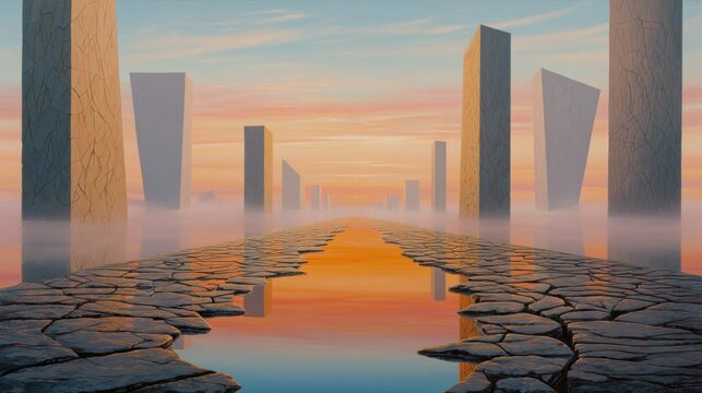 Surreal landscape features tall abstract pillars along cracked path reflecting vibrant colors in water. Soft light illuminates scene, creating dreamlike atmosphere