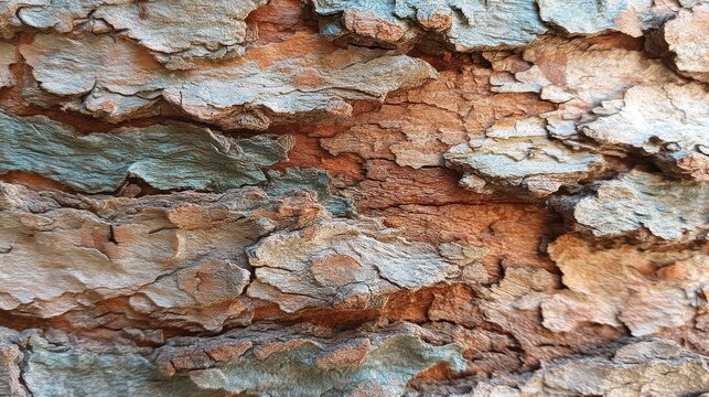 Tree bark texture displays natural layered patterns and earthy colors. Shades of brown and green create rustic feel. Ideal for nature or organic design contexts