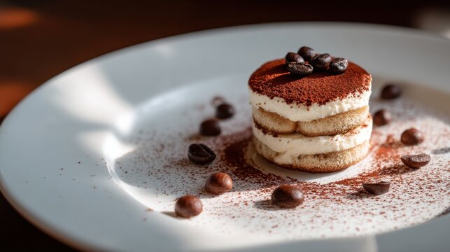 Tiramisu cake layered with cream and cocoa powder sits on white plate. Coffee beans surround dessert creating elegant, gourmet presentation with warm natural light