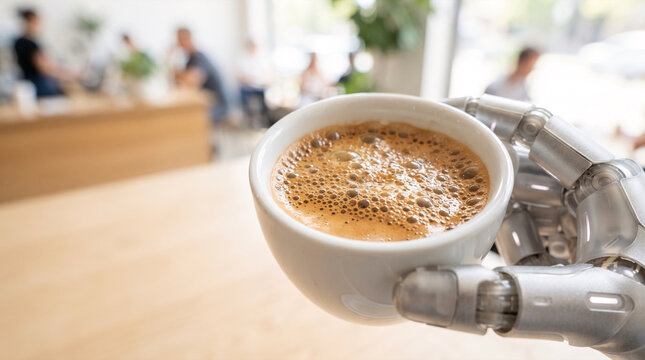 Robotic hand holding cup of espresso coffee in modern cafe